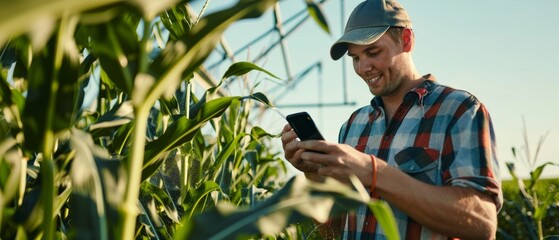 Working on his smartphone in a cornfield to inspect and tune an irrigation center pivot sprinkler system. - obrazy, fototapety, plakaty