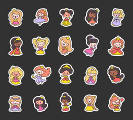 Cute baby princess with beautiful dresses. Sticker Bookmark. Hand drawn style. Vector drawing. Collection of design elements. © palau83