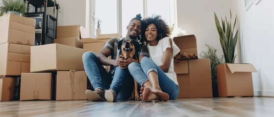 A family with their dog sits on the floor of their new home and poses for a full-length portrait on moving day. This is a full-length portrait of a young diverse family with their dog. They are