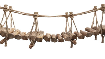 A jungle hanging bridge made of ropes and wooden planks, isolated on transparent background