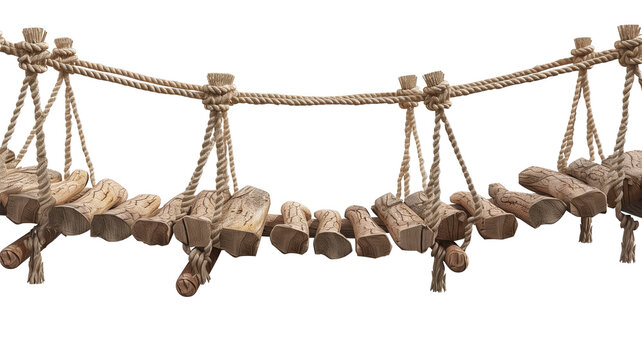Fototapeta A jungle hanging bridge made of ropes and wooden planks, isolated on transparent background