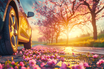 tires in the blooming spring in the sun - obrazy, fototapety, plakaty