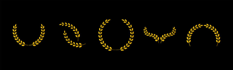 Circular laurel foliate set vector flat design gold color isolated on black background.