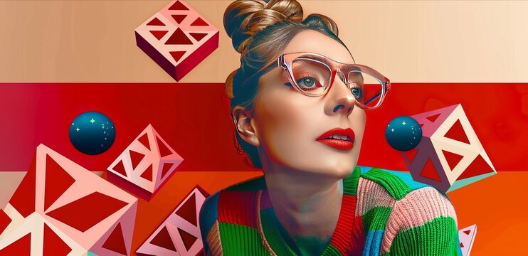 beautiful girl with eyeglasses posing on camera, red color palette, surreal wallpaper background, pop art collage style