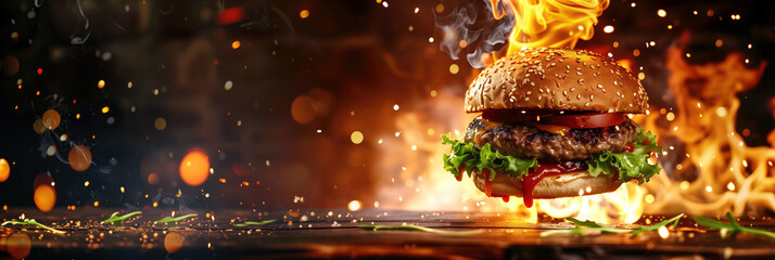 A sizzling burger with flames engulfing it