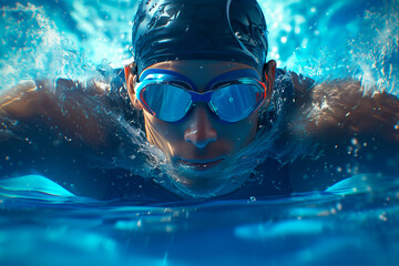 Swimmer athlete in water goggles and cap swims in the pool close up straight view - obrazy, fototapety, plakaty