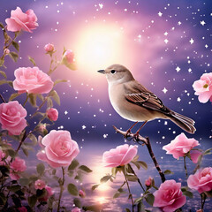 A beautiful nightingale sits on a branch of wild roses and sings in the moonlight