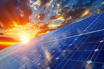 Solar panels with sunset sky background, green clean energy concept - obrazy, fototapety, plakaty