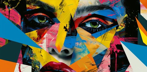 pop art style collage of a portrait face close up woman, colorful palette,, abstract shapes and lines - 773908840