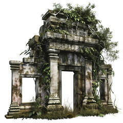 An ancient, overgrown jungle temple ruin, isolated on transparent background