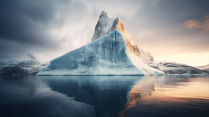 A serene arctic landscape with a majestic iceberg bathed in the warm glow of sunrise, reflecting on calm waters. - obrazy, fototapety, plakaty