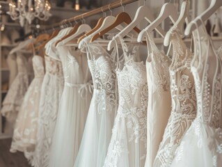 Elegant White Bridal Dresses Hanging on Hangers in Boutique Salon - Showcase of Luxury Wedding Attire - Soft and Sophisticated Lighting - Graceful and Elegant Style 

