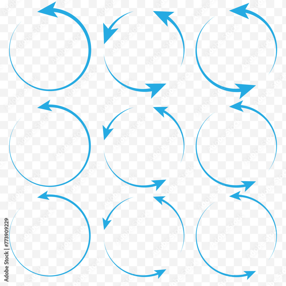 Poster set of circle arrows rotating on white background. refresh, reload, recycle, loop rotation sign coll