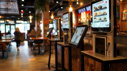 Self-Service Kiosks at Modern Restaurant Interior - obrazy, fototapety, plakaty