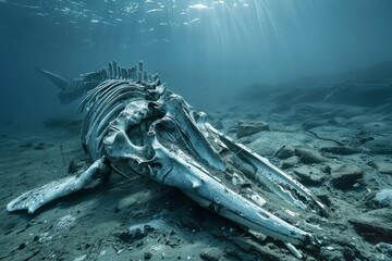 The skeleton of a whale lies at the bottom of the sea - obrazy, fototapety, plakaty