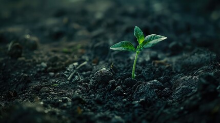 Technology in argiculture concept - young sprout in black soil, infographics
