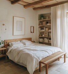 A cozy bedroom scene with a white bed, wooden headboard, and a bookshelf filled with books and vases Generative AI