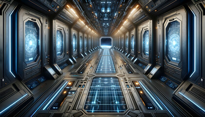 spaceship corridor. The style should be futuristic with metallic walls - obrazy, fototapety, plakaty