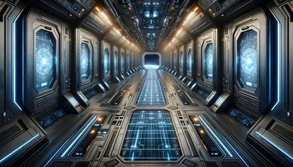 Fotobehang spaceship corridor. The style should be futuristic with metallic walls © jiraporn