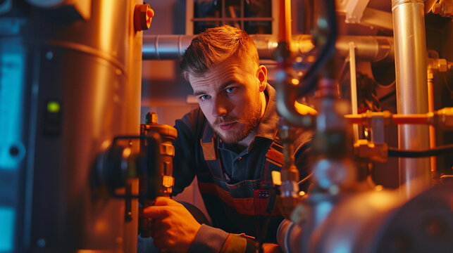 Detailed work on heating system pipes, plumber in action, evenly lit boiler room, front angle,