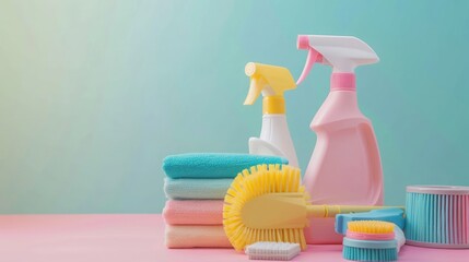 Spring cleaning background - cleaning supplies in pastel colors