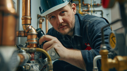 Detailed work on heating system pipes, plumber in action, evenly lit boiler room, front angle,
