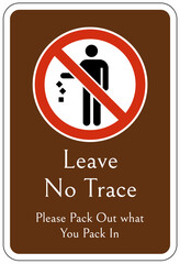 Campsite prohibition sign leave no trace. Please pack out what you pack in