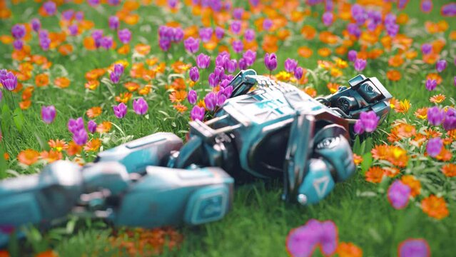 Robot laying relaxing in flowery meadow. Concept of connection between technology and nature, environment, artificial intelligence ( AI ), science and ecology