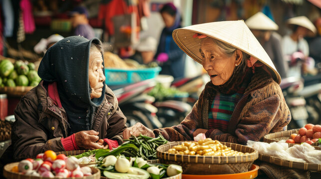 Street food, diverse culinary concept. People eat asian spacy food