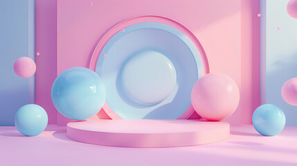 Minimalistic 3D composition with pastel spheres and rings