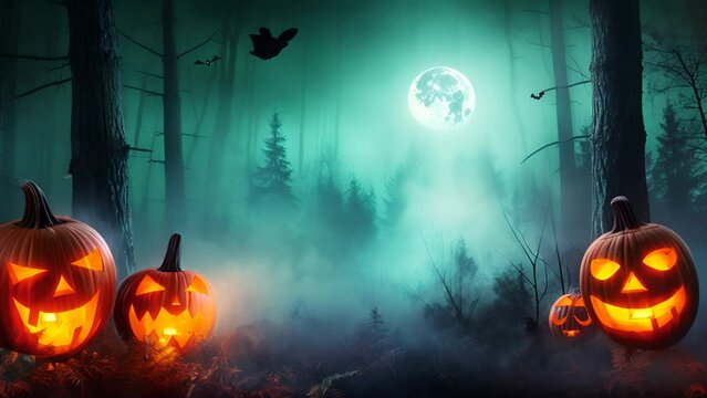 Halloween pumpkins in a spooky forest