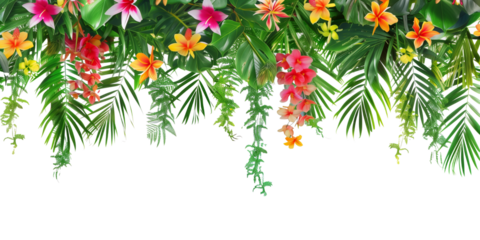 Tropical creeper border hanging with tropical flowers, isolated on transparent background