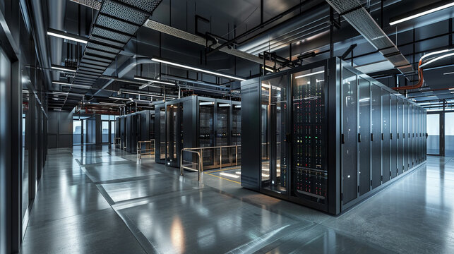 Digital art of a spacious server room, numerous server racks, high capacity data center, realistic depiction