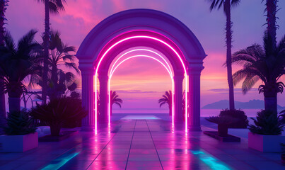 neon archway stands prominently in a tropical scene at sunset,  Generative AI  - obrazy, fototapety, plakaty