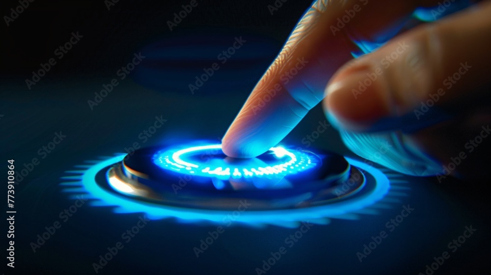 Poster finger on a blue button a monthly event in the digital world generative ai