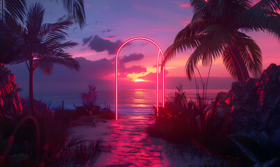 neon archway stands prominently in a tropical scene at sunset,  Generative AI  - obrazy, fototapety, plakaty