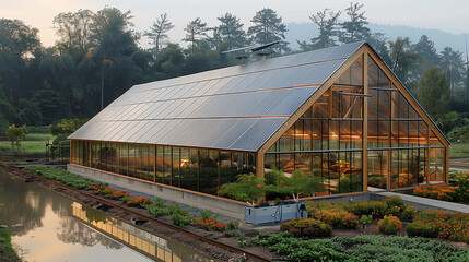 A green house with solar panels by the river