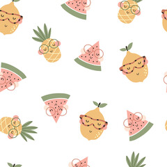 Seamless pattern with cute kids  pineapples and juicy watermelon. Summer fruits vector