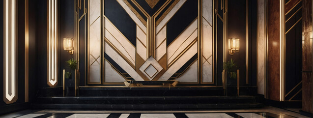 Art Deco-inspired foyer with geometric patterns. D rendering.