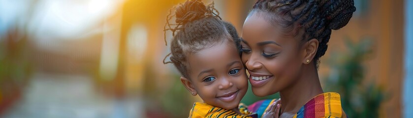 Happy African mother playing with her daughter outdoor on sunny day Afro mum and child having fun together Family, happiness and love concept - obrazy, fototapety, plakaty