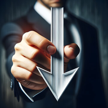 businessman's hand holding a falling arrow, depicting investment loss and economic downturn