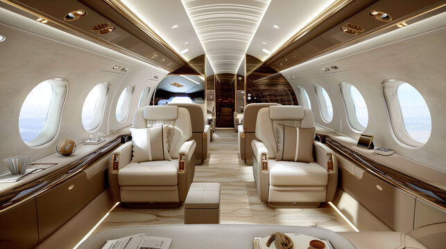 A private jet interior adorned with exquisite leather seats, polished wood accents, and state-of-the-art technology, providing a glimpse into the world of elite air travel.