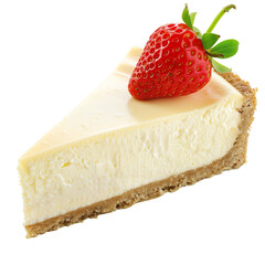 A slice of New York style cheesecake, with a rich, creamy texture and a graham cracker crust,...