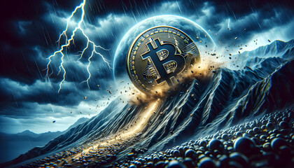 Bitcoin logo tumbling down a steep hill against a stormy sky