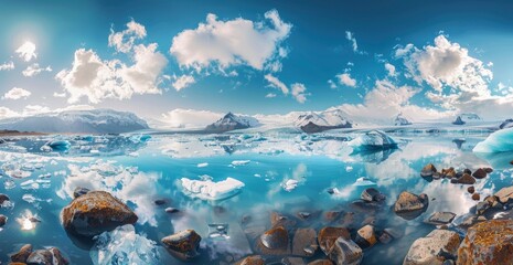 Fototapeta na wymiar Beautiful view of icebergs with snowcapped mountains and blue sky in background