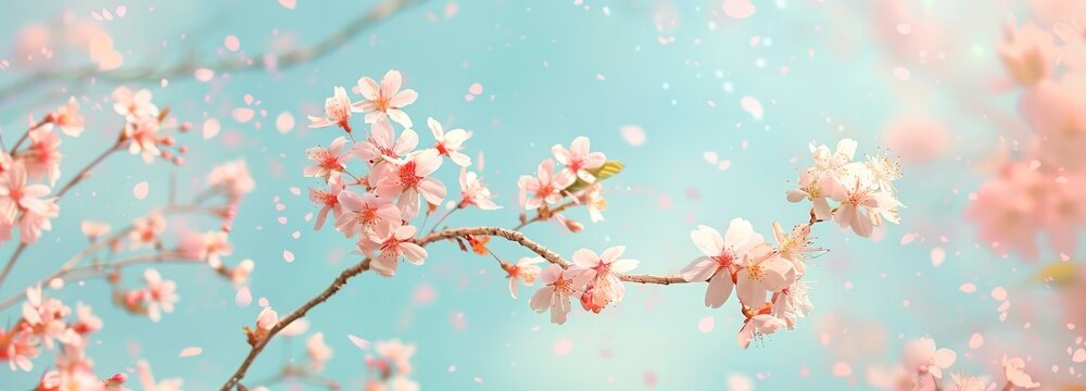 Cherry Blossoms Against A Pastel Blue Sky Background