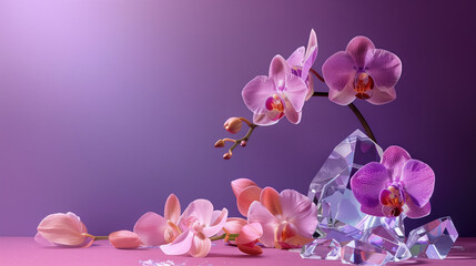 pink orchids with a scattering of crystals on a purple background.