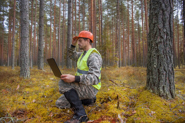 Forest engineer works in the forest with a computer.