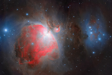 Cosmic Orion Nebula. Photo of a real cosmos through a telescope. Soft focus. Foggy objects. stars...