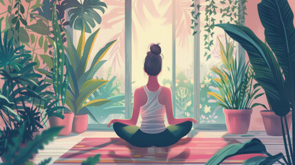Woman Meditating in Lotus Position by Window - obrazy, fototapety, plakaty